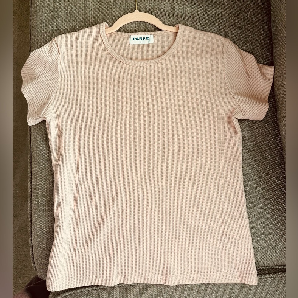 PARKE Women's Short Sleeve Waffleknit Tee in Light Peony Pink - Picture 4 of 5